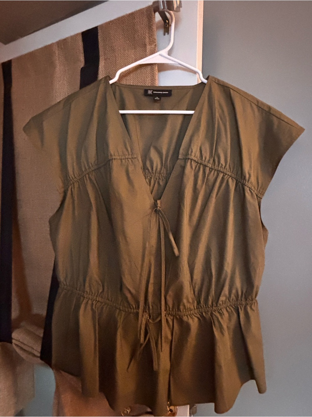 INC International Concepts Olive Tie-Front Peplum Top